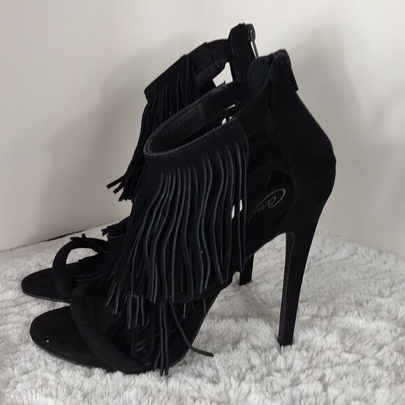 Candie's Black Suede Fringed Heeled Sandals - Picture 2 of 8
